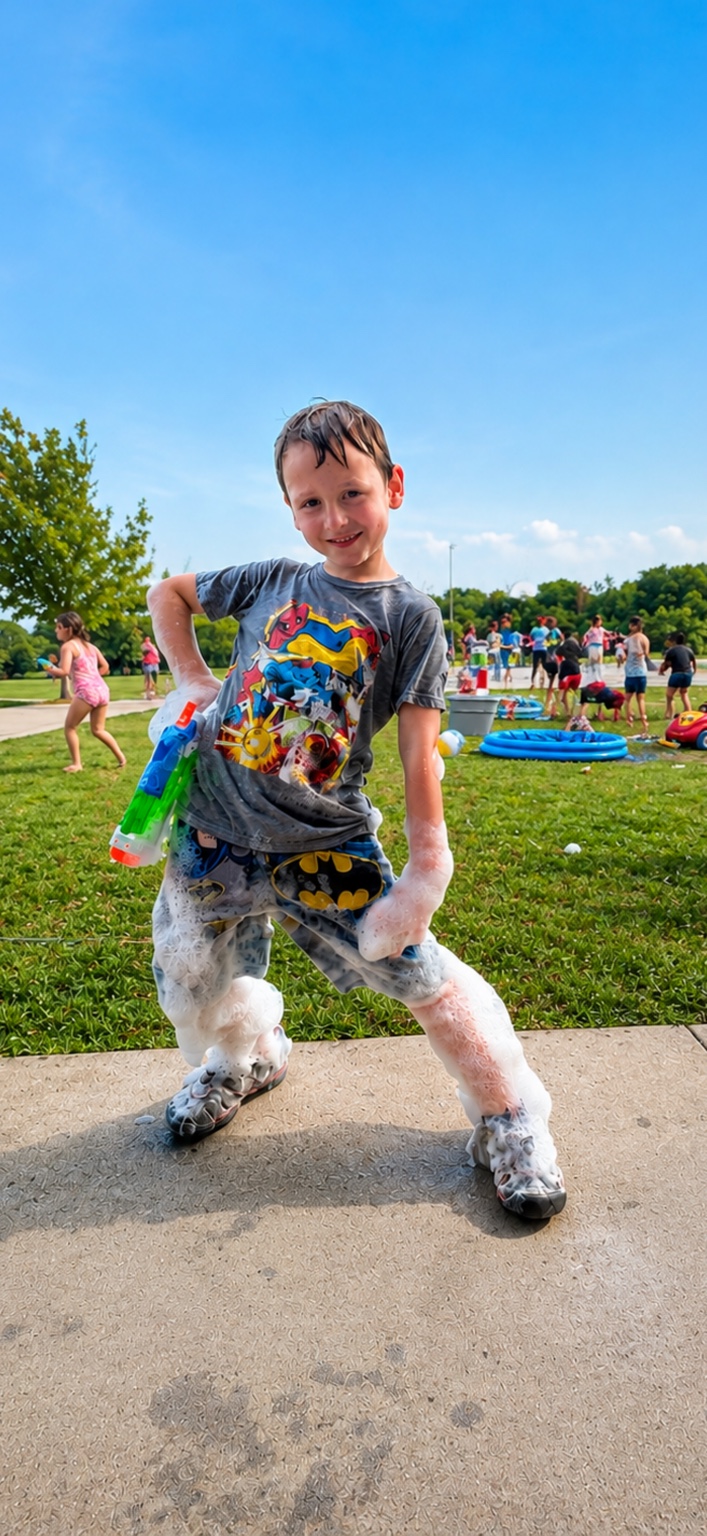 Child playing outdoors with bubbles